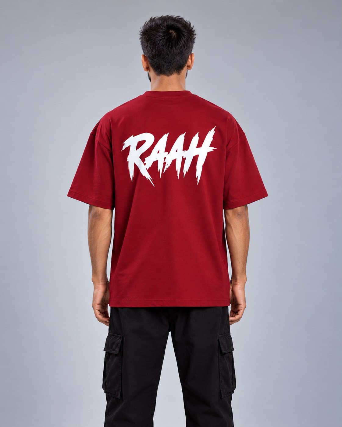 RAAH Maroon Signature Tee back view with white RAAH print