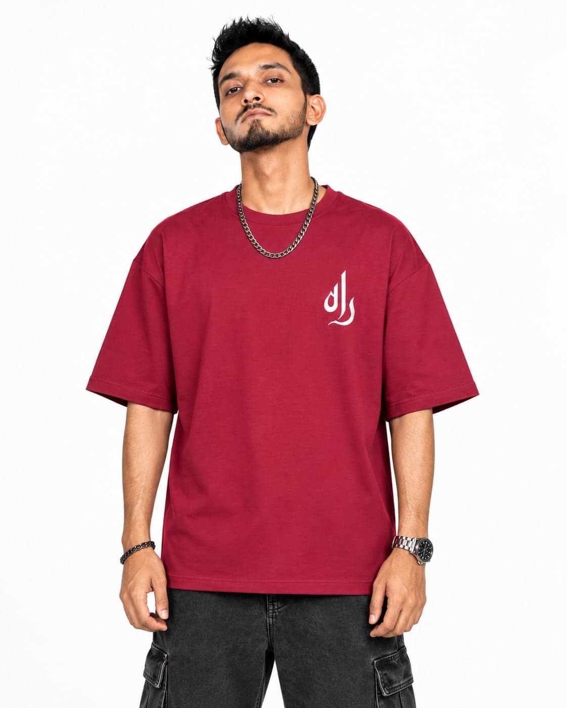 Talha Anjum wearing the RAAH Maroon Signature Tee with Urdu RAAH chest logo